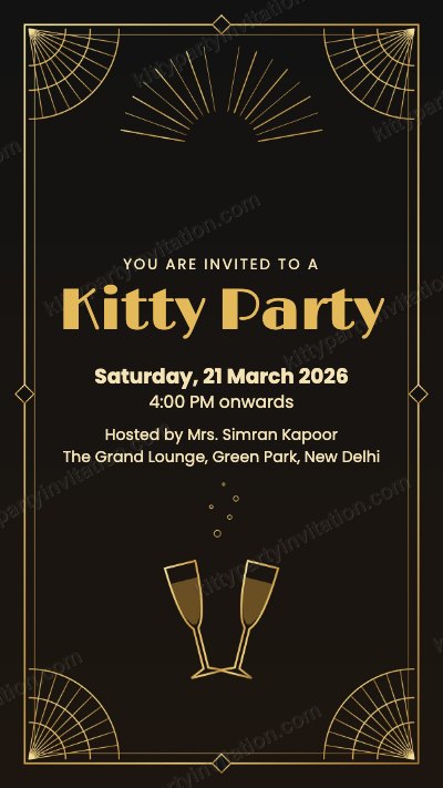 Art deco kitty invitation with art deco gold lines and champagne glasses on black