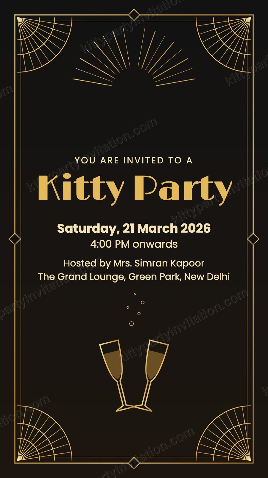 Art deco kitty invitation with art deco gold lines and champagne glasses on black