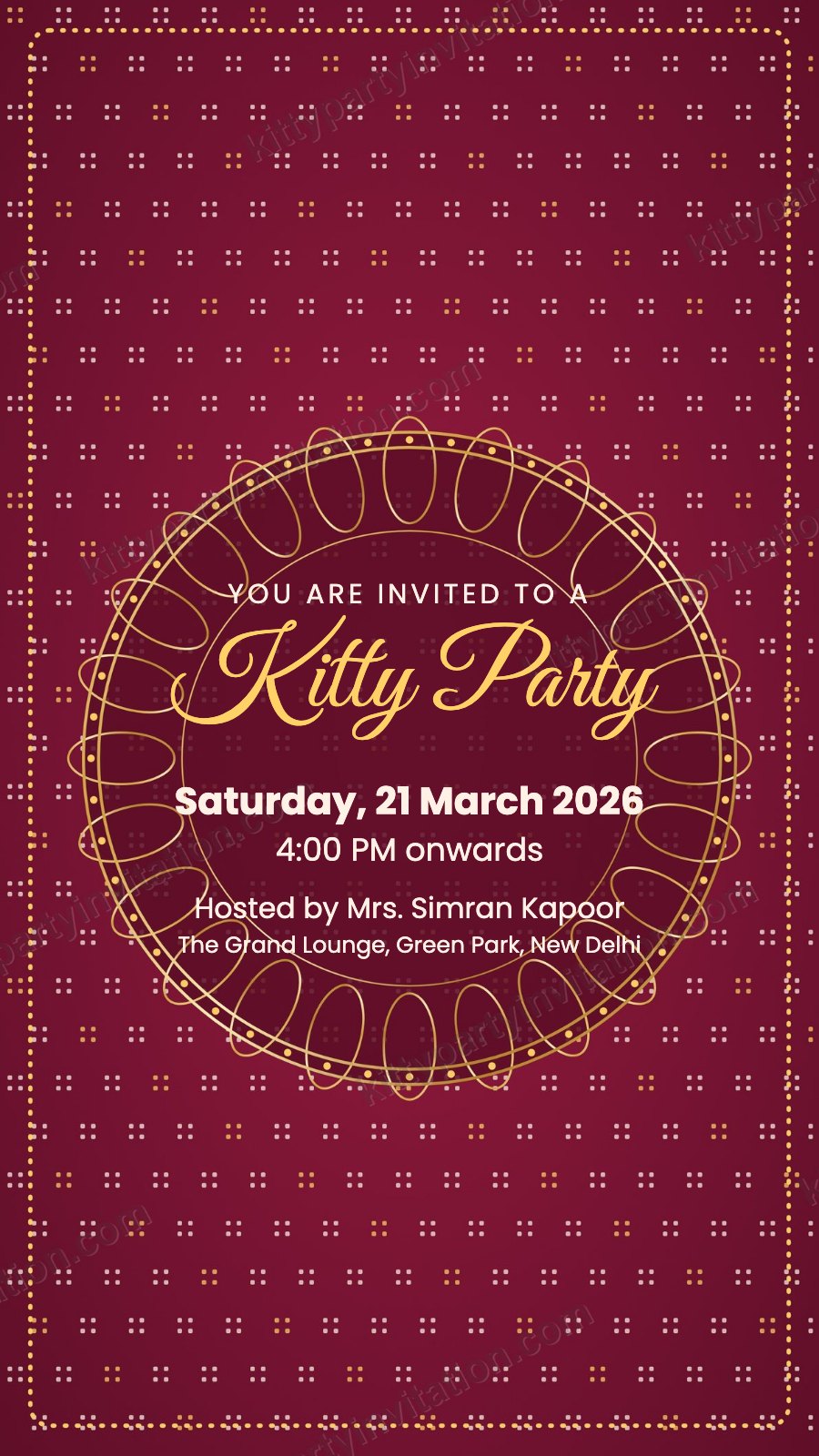 Bandhani theme kitty invitation with a bandhani dot pattern and a gold mandala