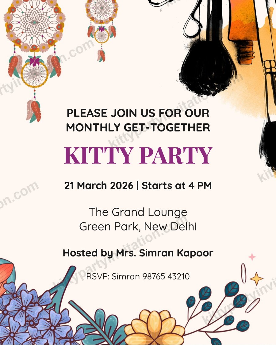 Boho theme kitty invitation showing a boho dreamcatcher with feathers and flowers