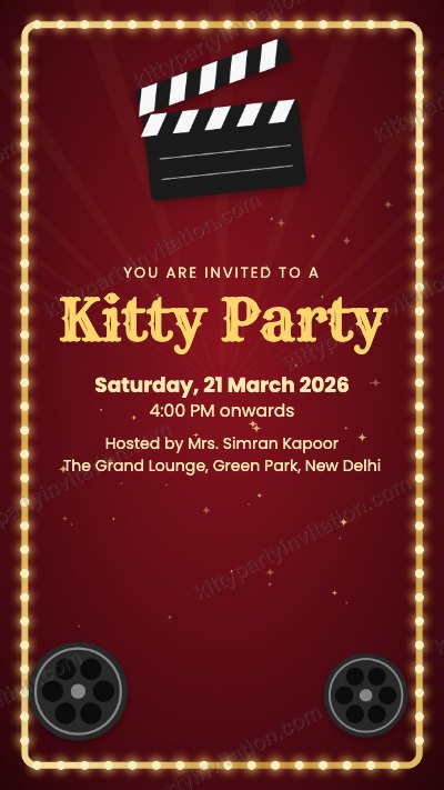 Bollywood theme kitty invitation with a film clapboard and marquee lights on a deep red background
