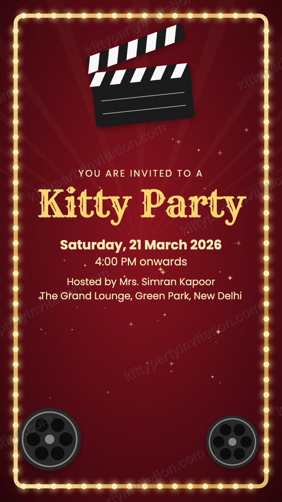 Bollywood theme kitty invitation with a film clapboard and marquee lights on a deep red background