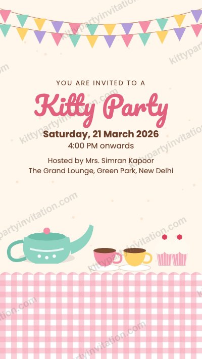 Brunch kitty party card with party bunting, a teapot and gingham
