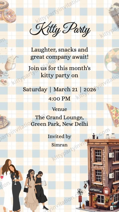 Cafe theme kitty party invite with a sketched cafe on a gingham background