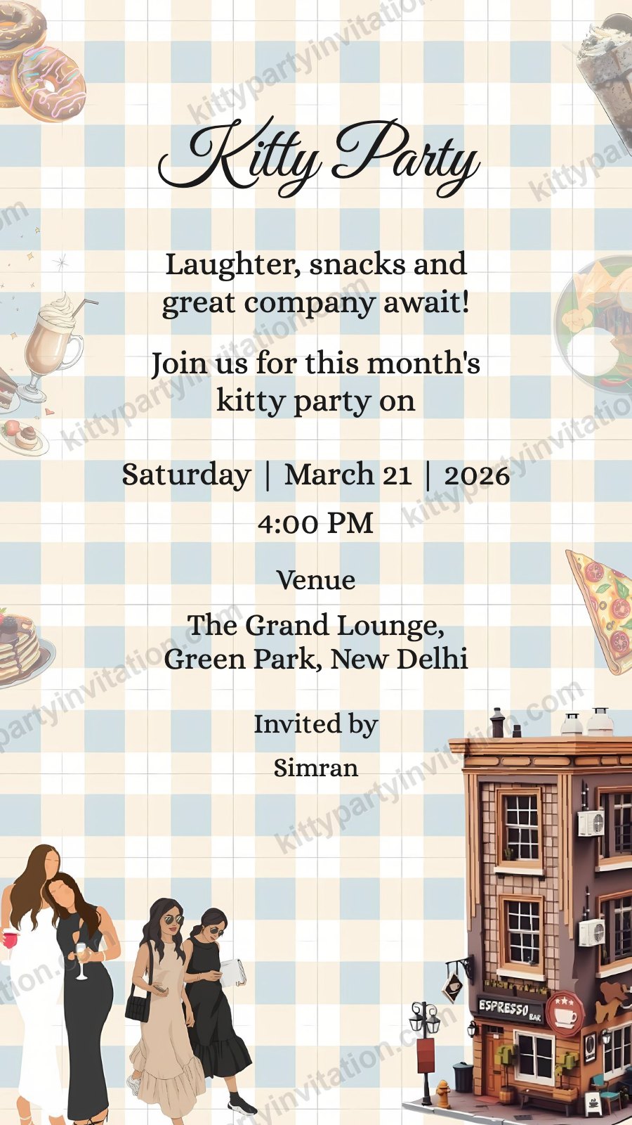 Cafe theme kitty party invite with a sketched cafe on a gingham background