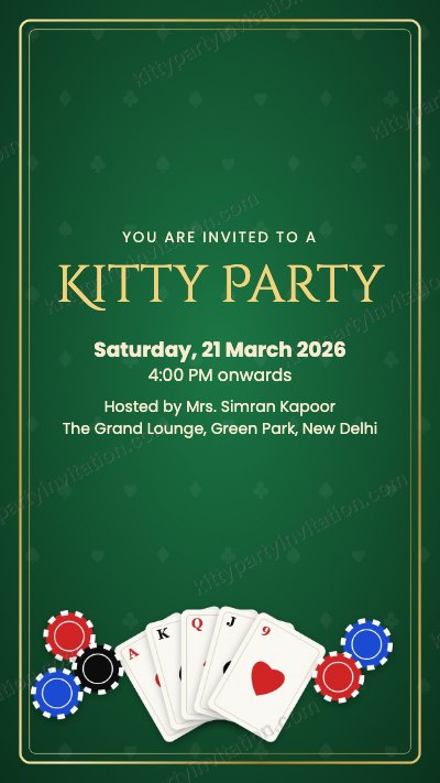 Casino theme kitty party card with playing cards and casino chips on green