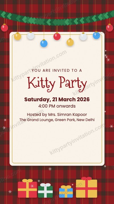 Christmas kitty invitation with red plaid, a garland and wrapped gifts