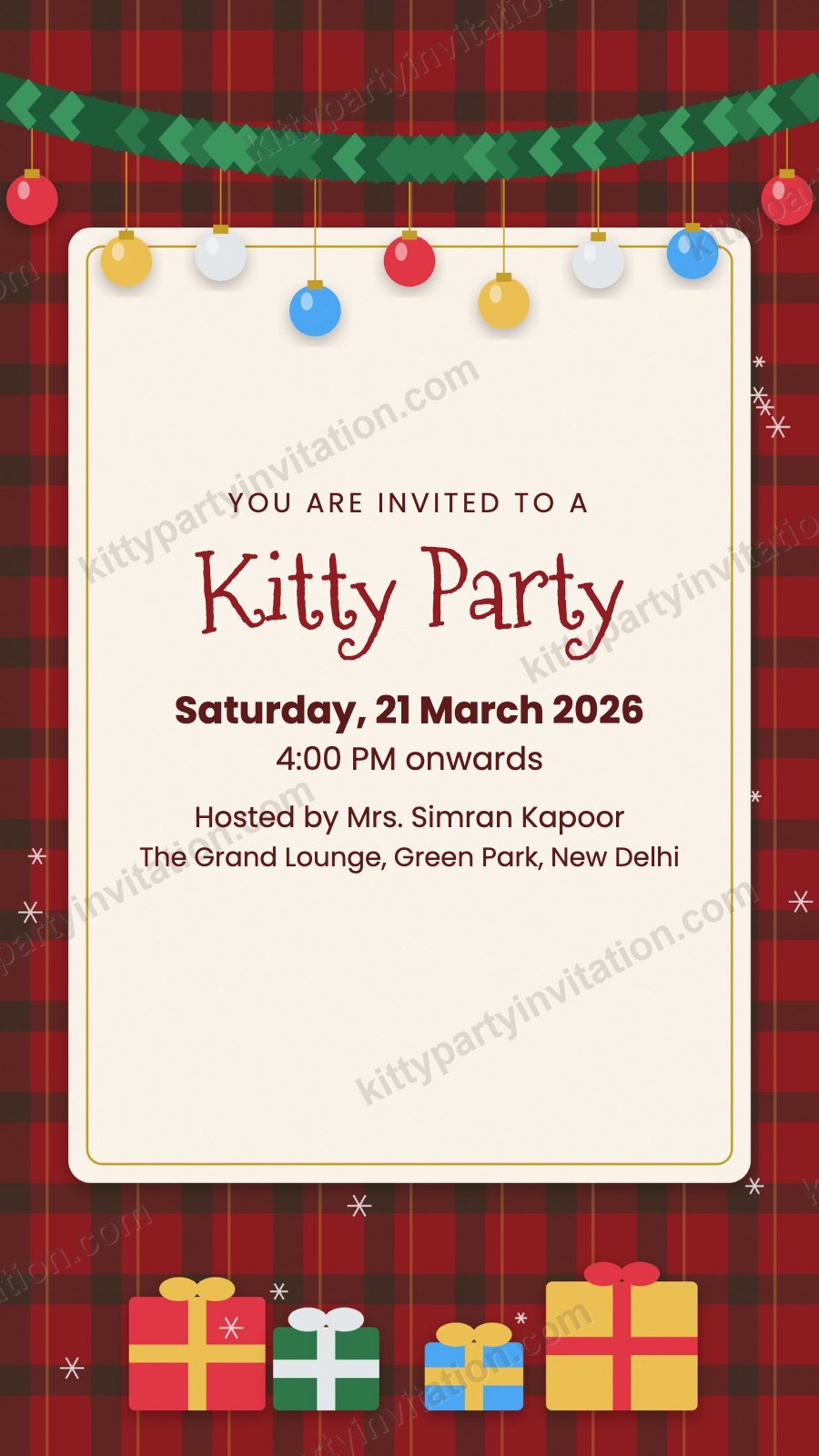 Christmas kitty invitation with red plaid, a garland and wrapped gifts