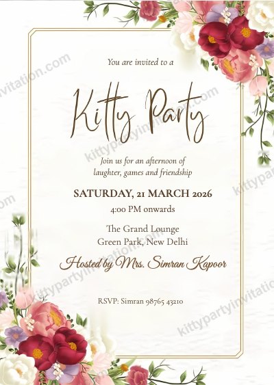 Classic floral kitty party card showing a cream card with a soft peony frame