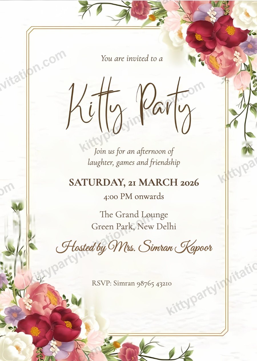 Classic floral kitty party card showing a cream card with a soft peony frame
