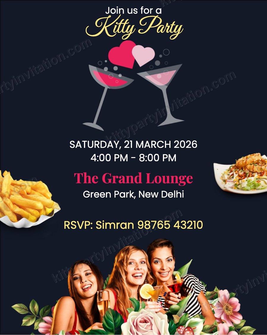 Cocktail kitty party invite showing a group of women toasting with cocktail glasses on a dark background