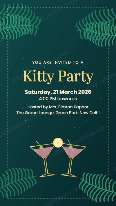 Cocktail theme kitty party card with cocktail glasses and palm leaves on deep green