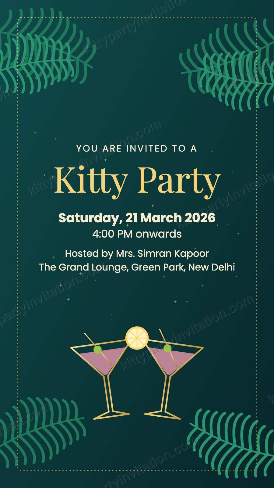 Cocktail theme kitty party card with cocktail glasses and palm leaves on deep green