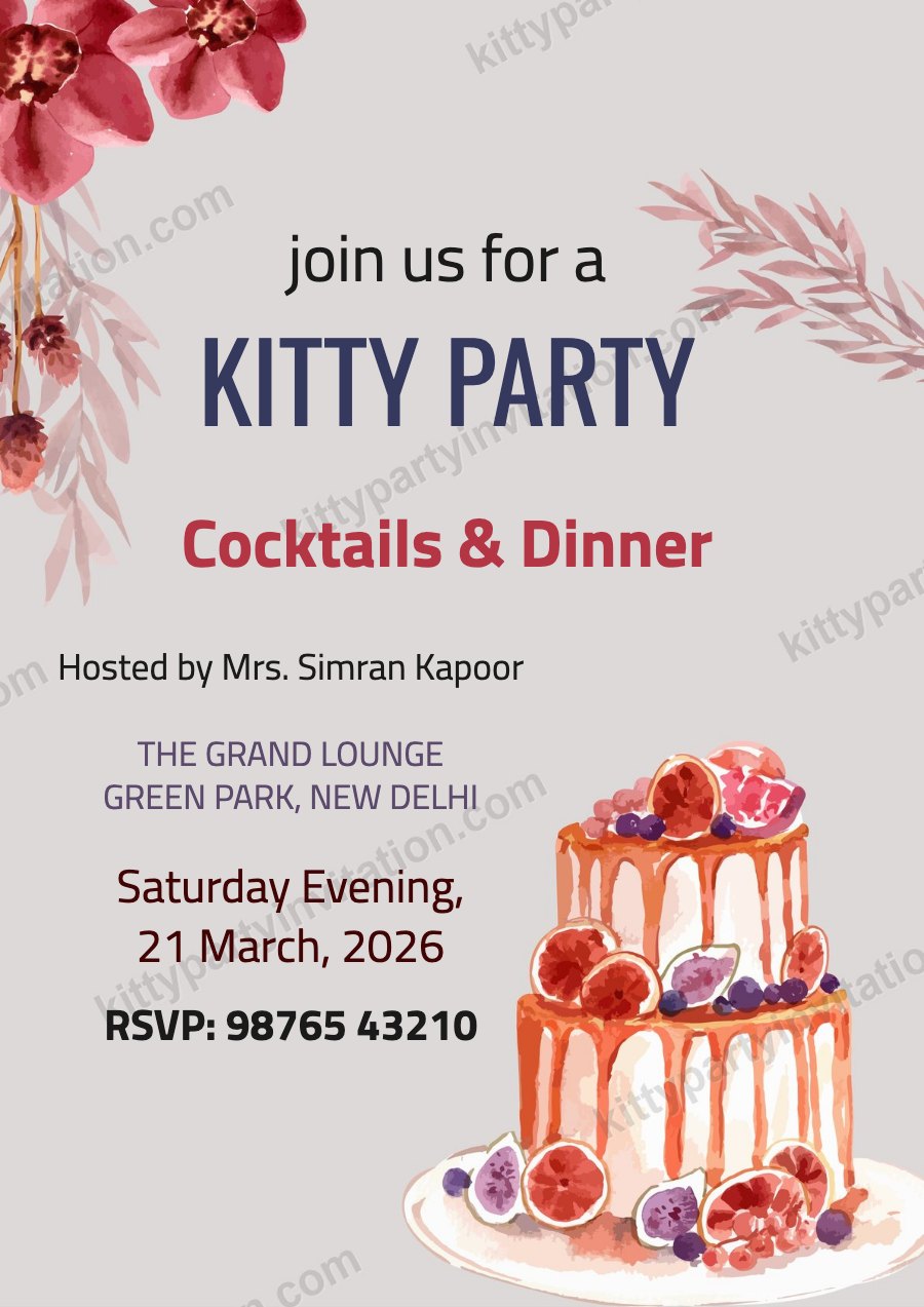 Cocktails and dinner kitty invitation with a watercolour fig cake and a cocktails and dinner line