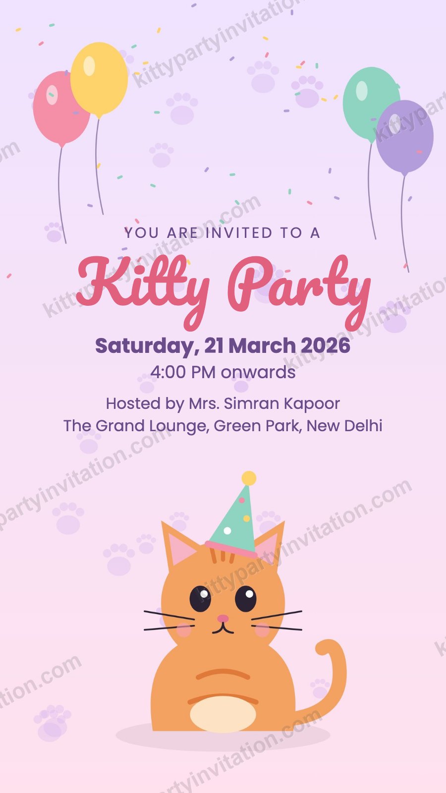 Cute cat kitty invitation showing a cartoon cat in a party hat with balloons
