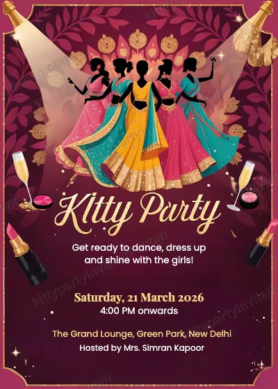 Dance theme kitty invitation with women dancing under spotlights, 'get ready to dance, dress up and shine'