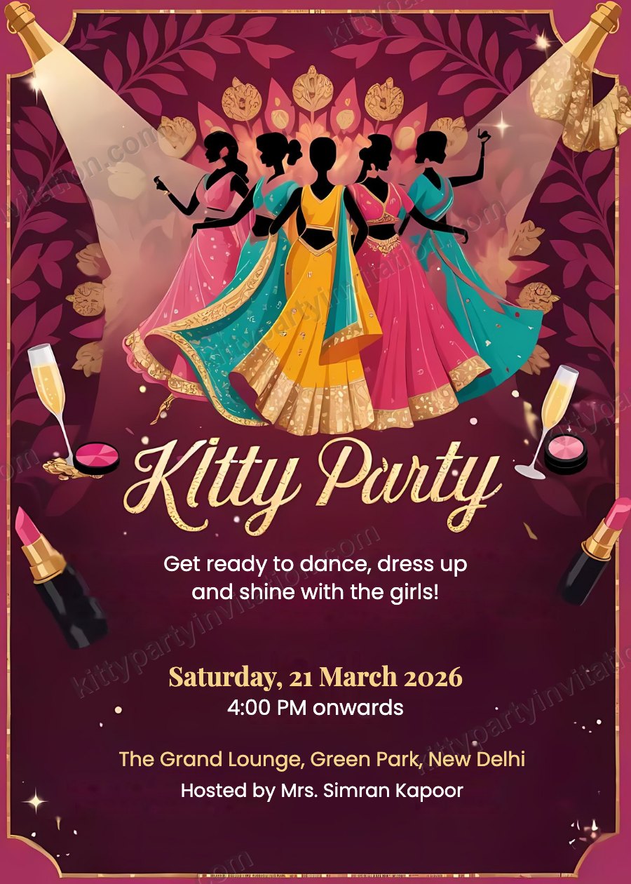 Dance theme kitty invitation with women dancing under spotlights, 'get ready to dance, dress up and shine'