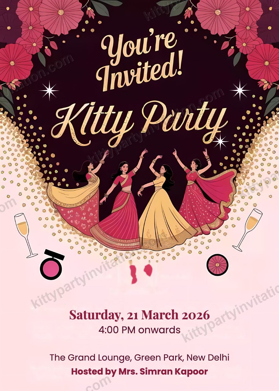 Desi theme kitty party invite with women dancing in lehengas on a maroon and gold background