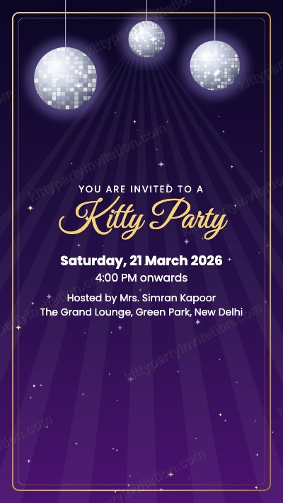 Disco theme kitty invitation with silver disco balls on a purple background
