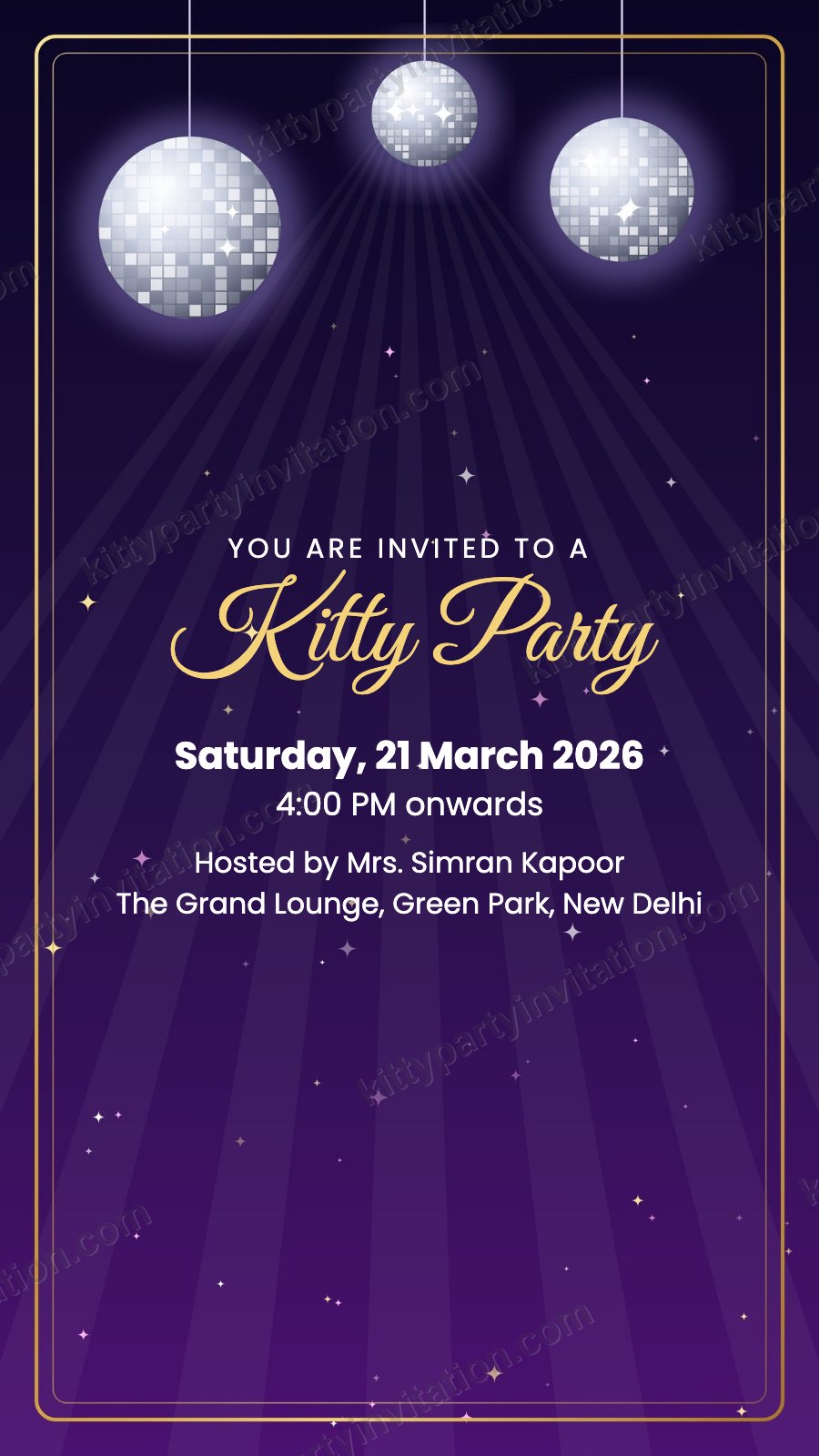Disco theme kitty invitation with silver disco balls on a purple background