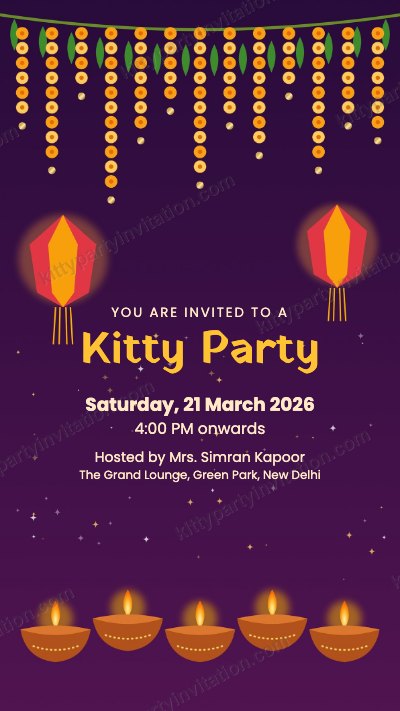 Diwali kitty party card with hanging lanterns and a row of lit diyas on purple