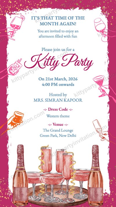 Kitty reminder card with dress code showing magenta sparkles, champagne bottles and a dress code line