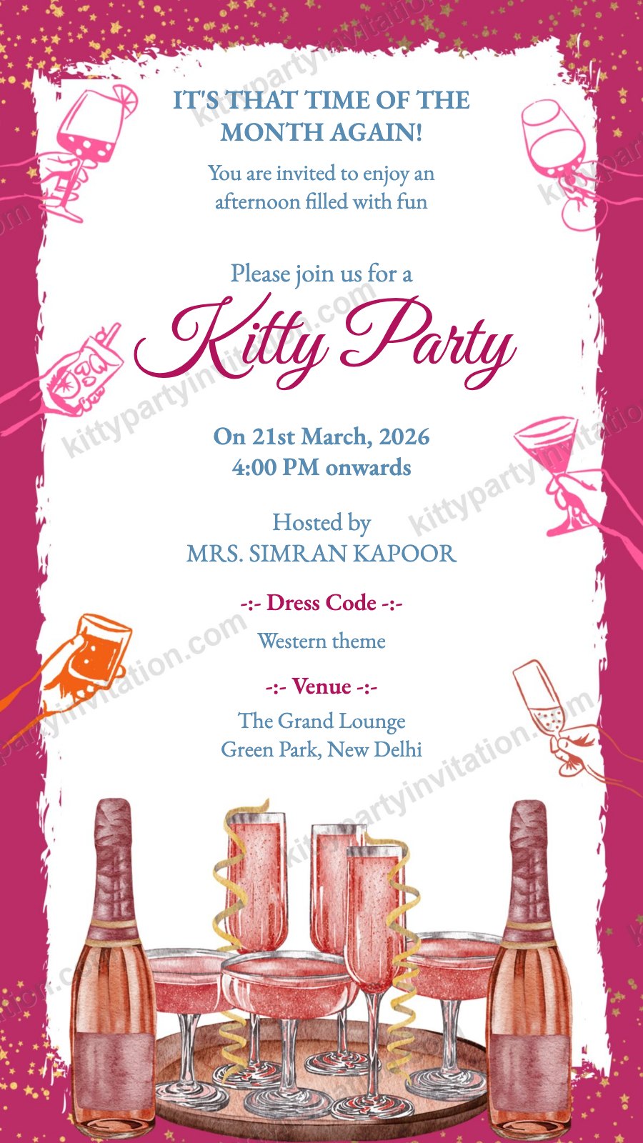 Kitty reminder card with dress code showing magenta sparkles, champagne bottles and a dress code line
