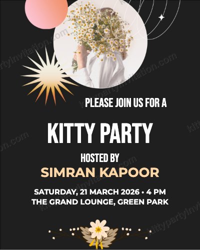 Elegant kitty party card with gold daisies and a crescent moon on a black background