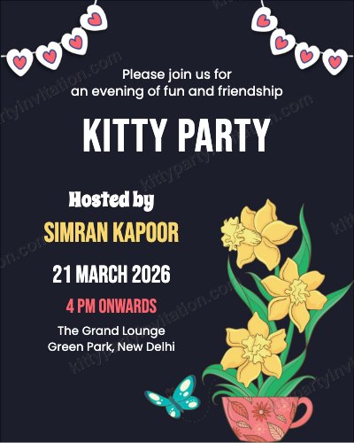 Evening kitty invitation with yellow daffodils, a teacup and red hearts on a navy background