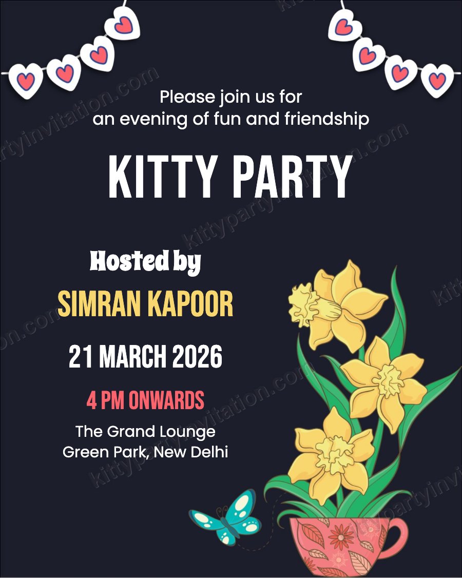 Evening kitty invitation with yellow daffodils, a teacup and red hearts on a navy background