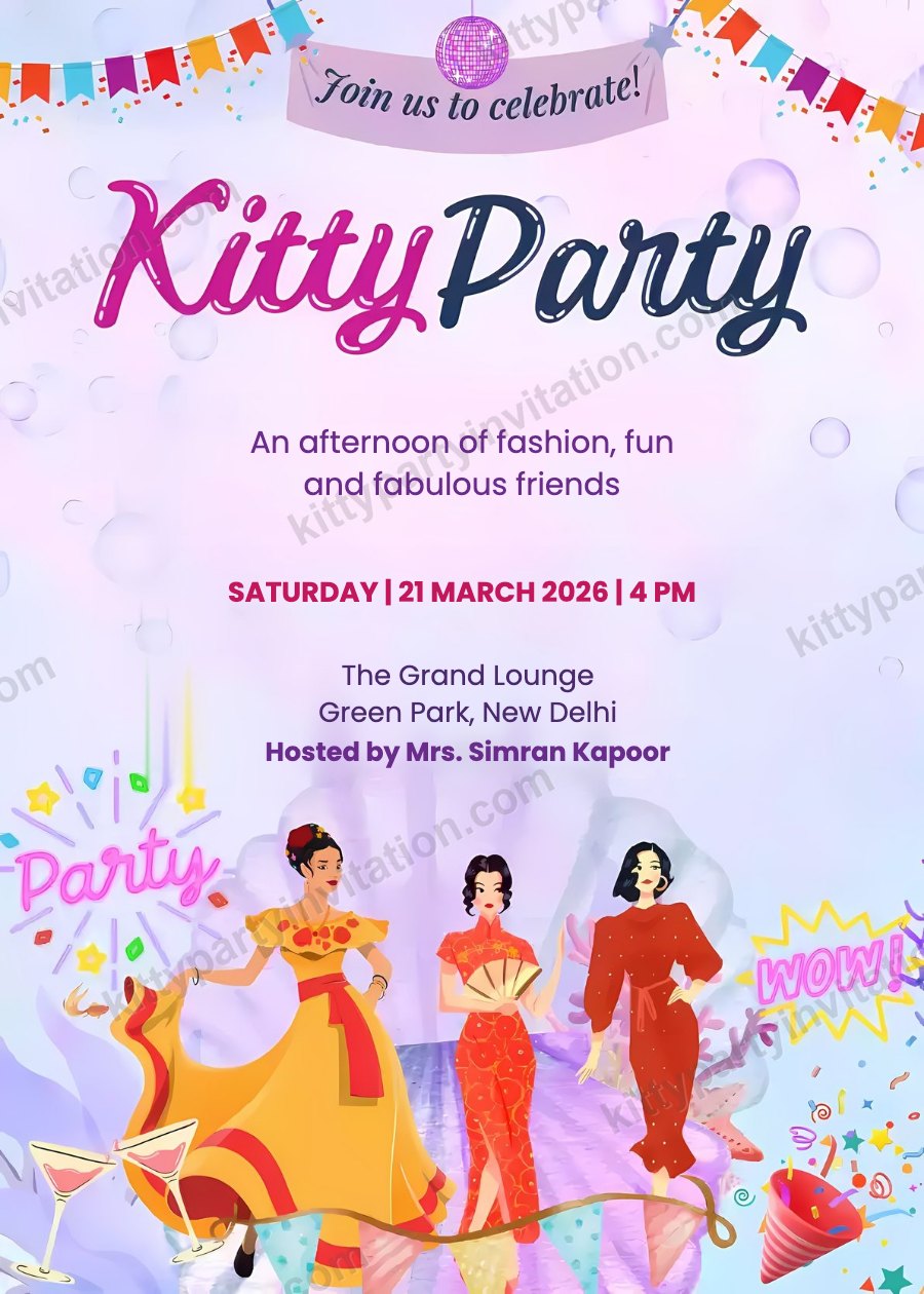 Fashion theme kitty party card with women in fashionable dresses for an afternoon of fashion and fun