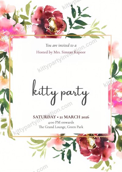 Floral kitty party card with a watercolour peony on a clean white card