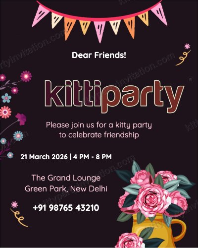 Floral kitty invitation showing pink flowers on a black background with a 'dear friends' message