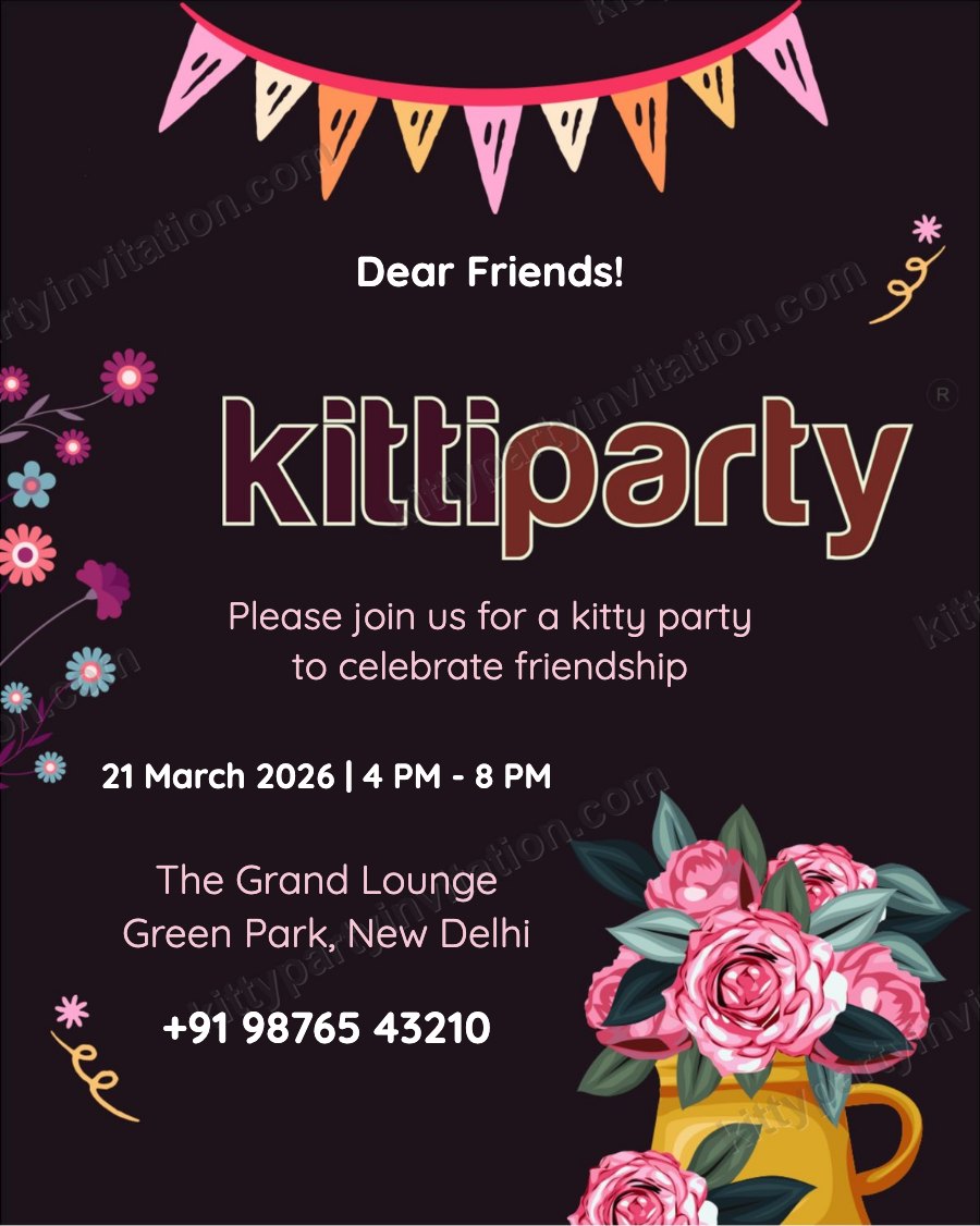 Floral kitty invitation showing pink flowers on a black background with a 'dear friends' message