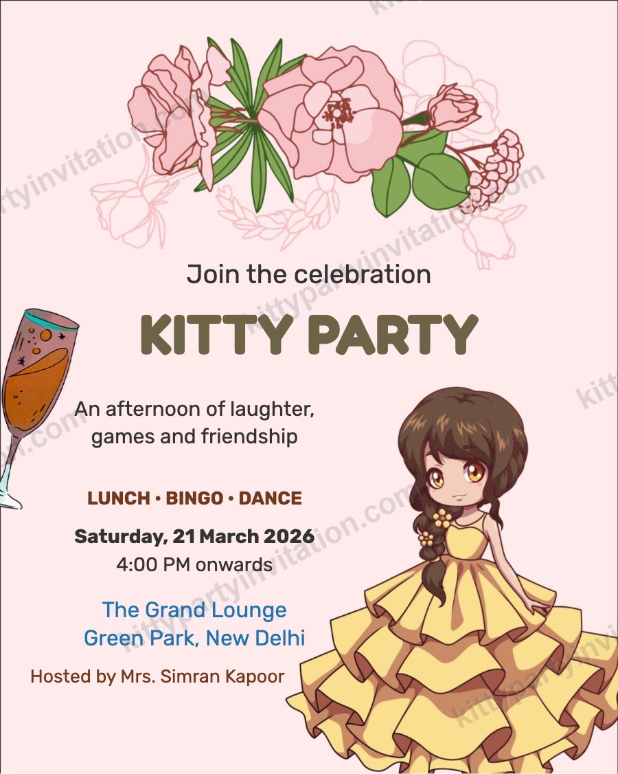 Floral theme kitty party card showing blush pink flowers with snacks and drinks, lunch, bingo and dance