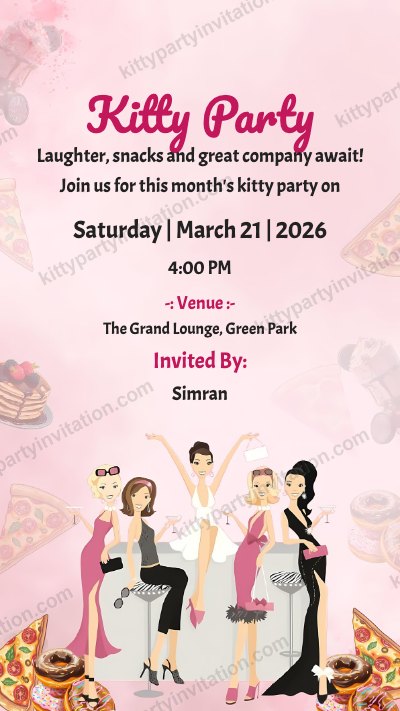 Food theme kitty party card showing friends with pizza and donuts on a pink background