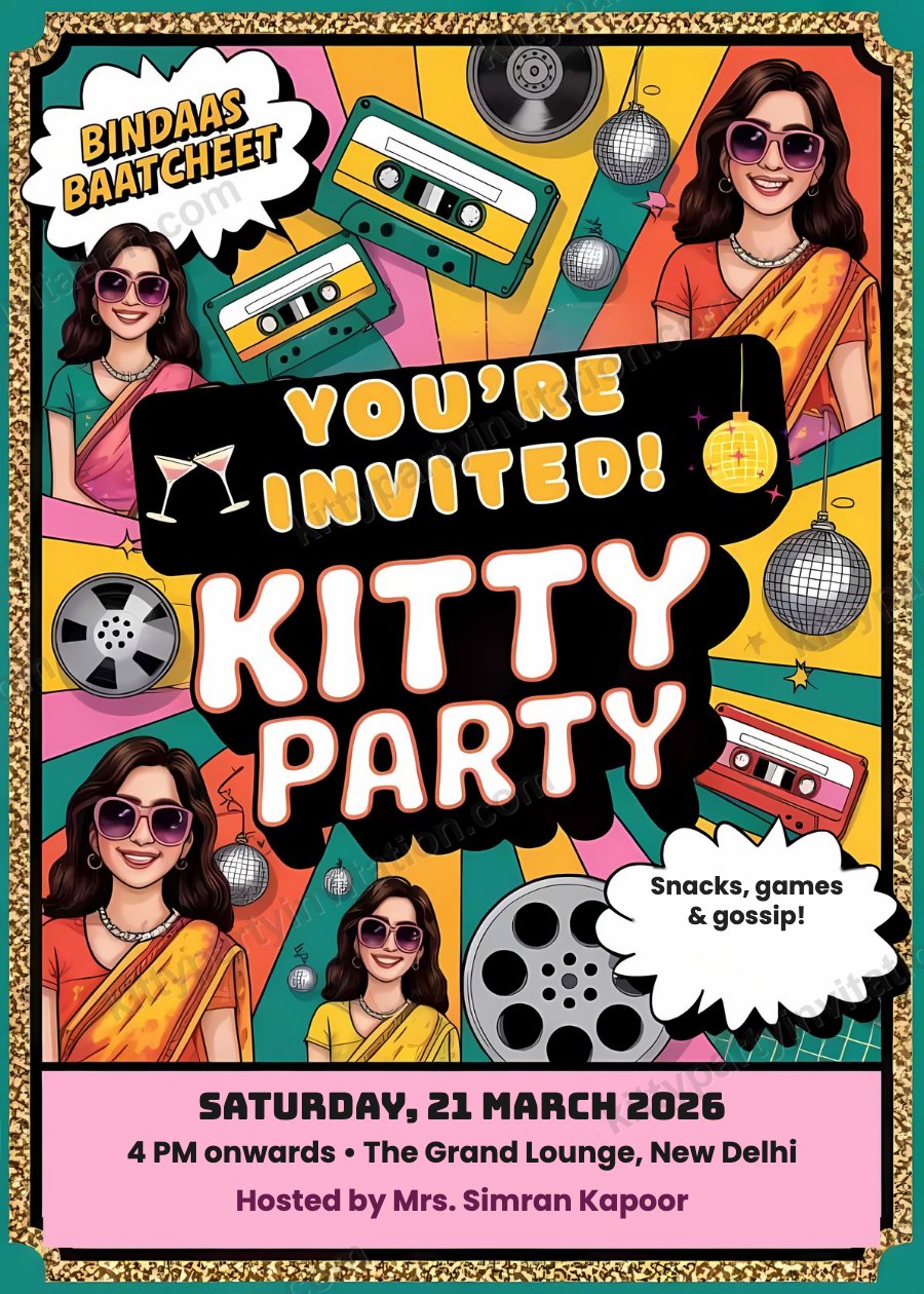 Funny kitty invitation showing comic pop art ladies with 'you're invited' and 'snacks, games and gossip'