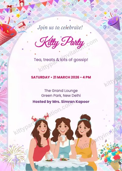 Funny ladies kitty party invite showing ladies at a table with 'tea, treats and lots of gossip'