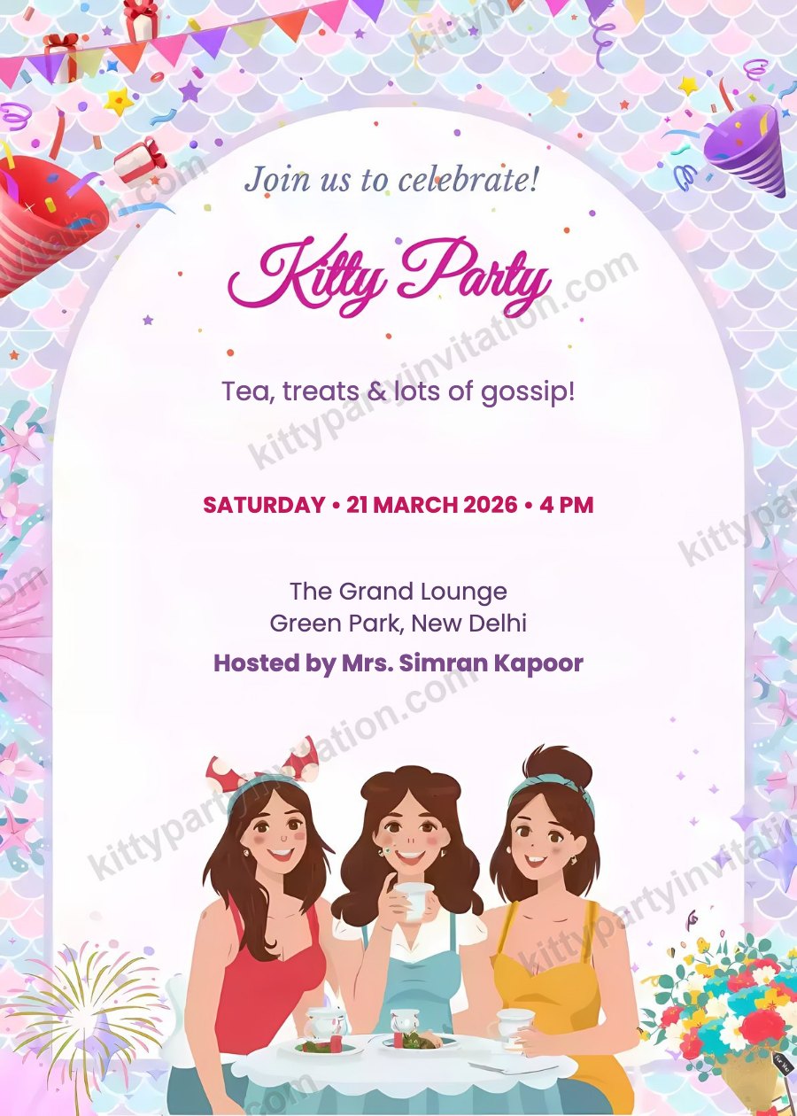 Funny ladies kitty party invite showing ladies at a table with 'tea, treats and lots of gossip'