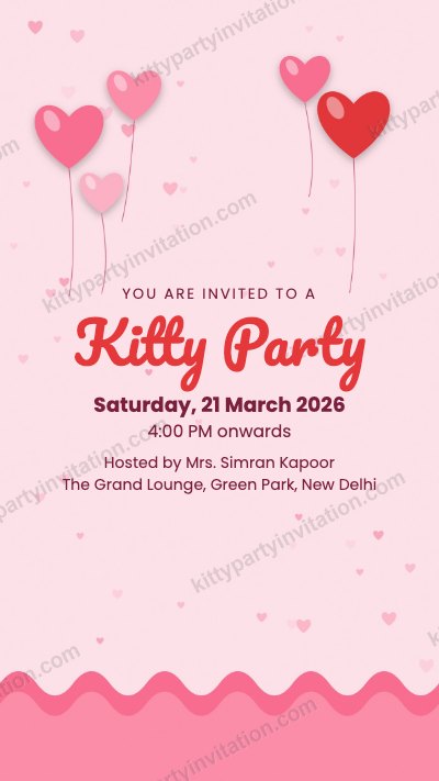 Galentine's kitty party card with red heart balloons on a pink background