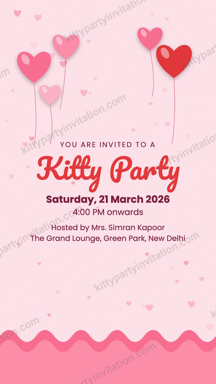 Galentine's kitty party card with red heart balloons on a pink background