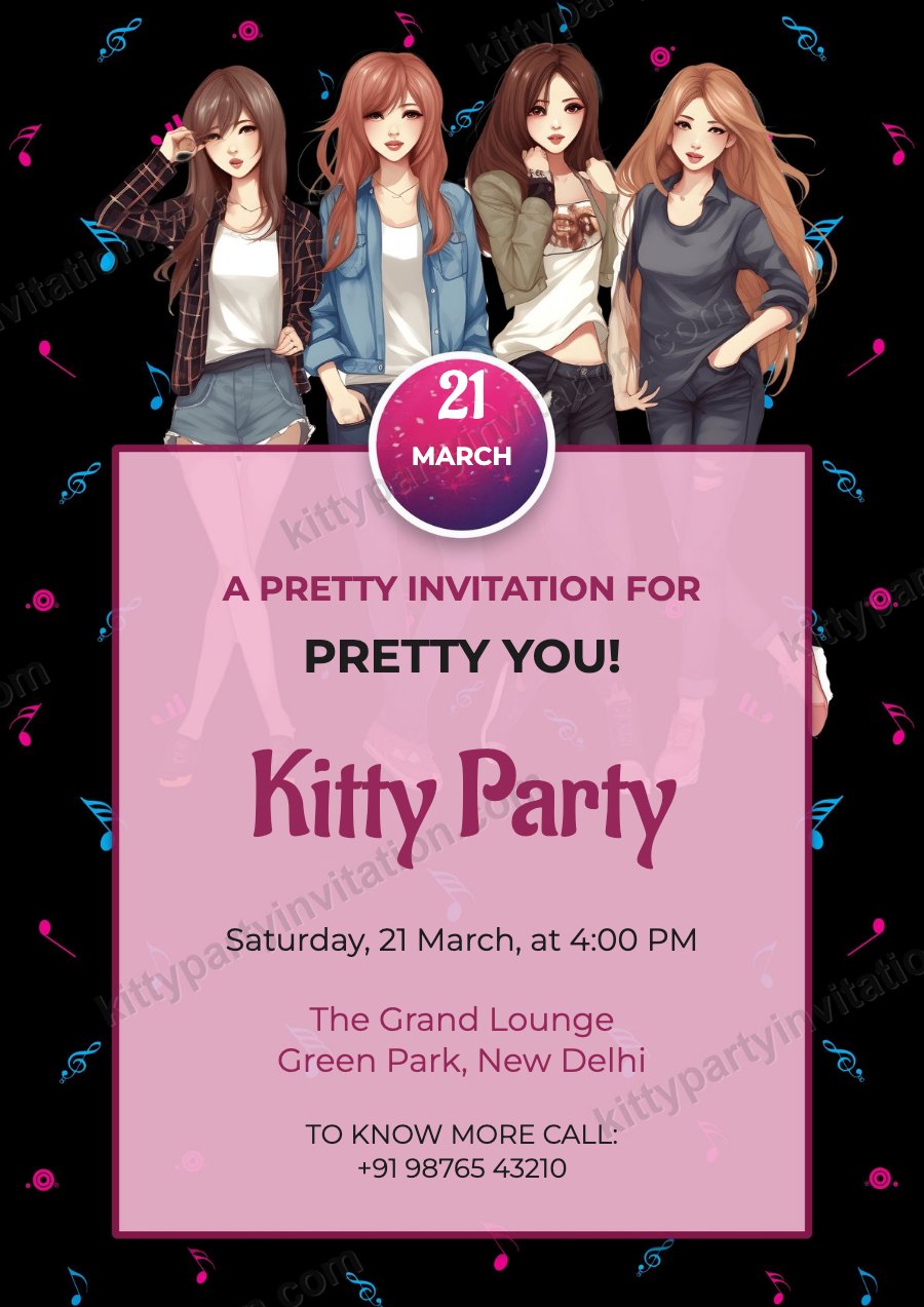 Girls kitty party invite with a group of stylish girls on a pink background, 'a pretty invitation for pretty you'