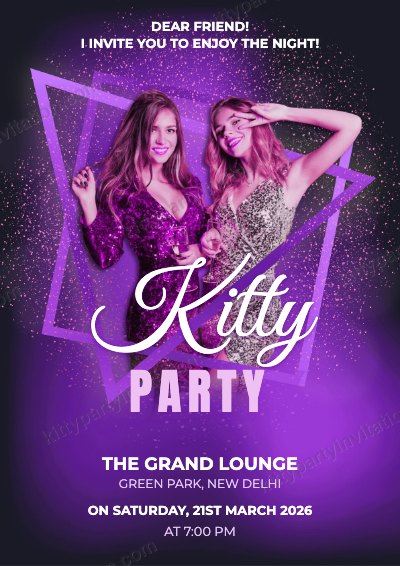 Glam night kitty party invite showing a group of women in neon purple light with big 'kitty party' lettering