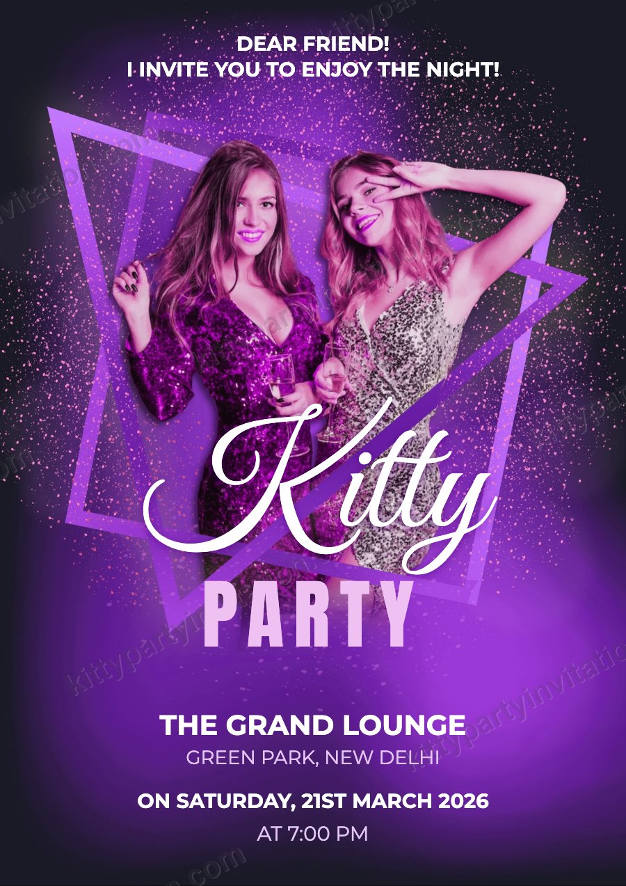 Glam night kitty party invite showing a group of women in neon purple light with big 'kitty party' lettering