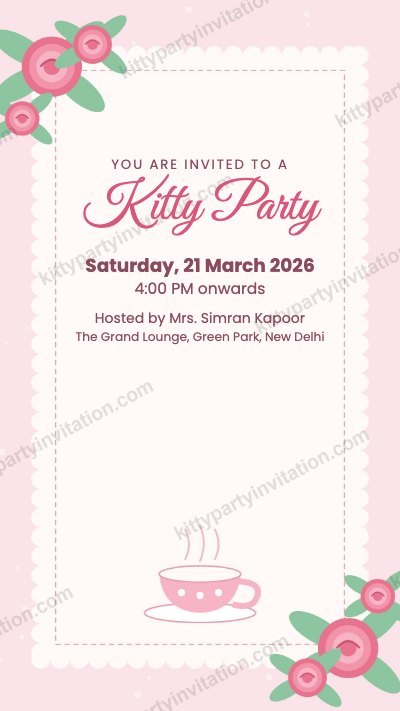 High tea kitty party invite with a teacup and pink flowers