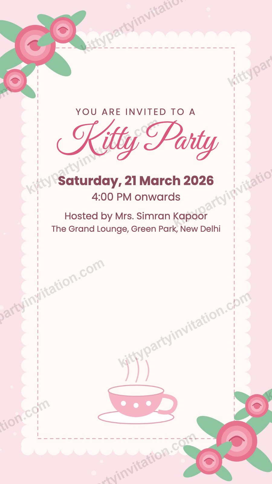 High tea kitty party invite with a teacup and pink flowers