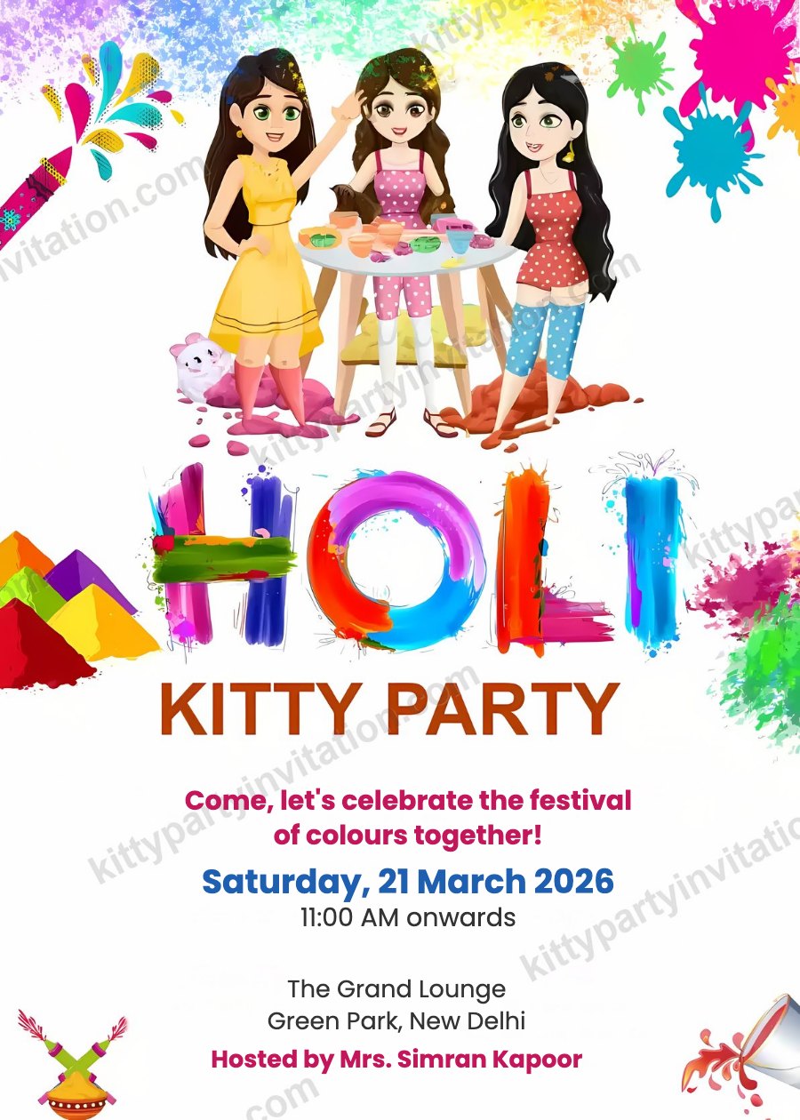 Holi kitty party card with HOLI lettering, colour powder and girls celebrating the festival of colours