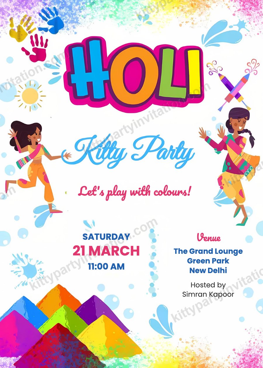 Holi theme kitty party invite with big HOLI letters, colour splashes and women playing with colours