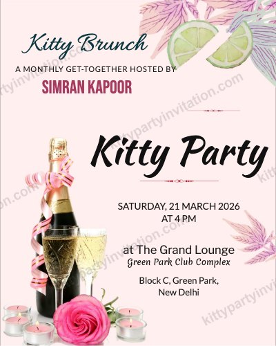 Kitty brunch invitation with champagne and roses for a monthly kitty brunch