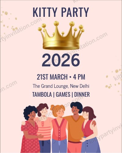 Kitty party card 2026 with a golden crown over 2026, a group of friends and tambola, games and dinner